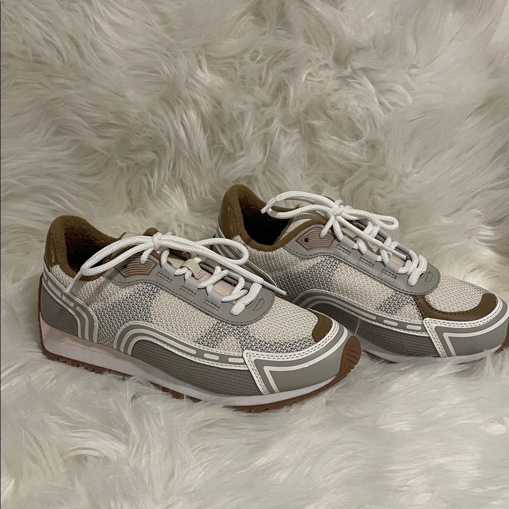 MICHAEL Michael Kors White and Gray Sneakers with Brown Trim